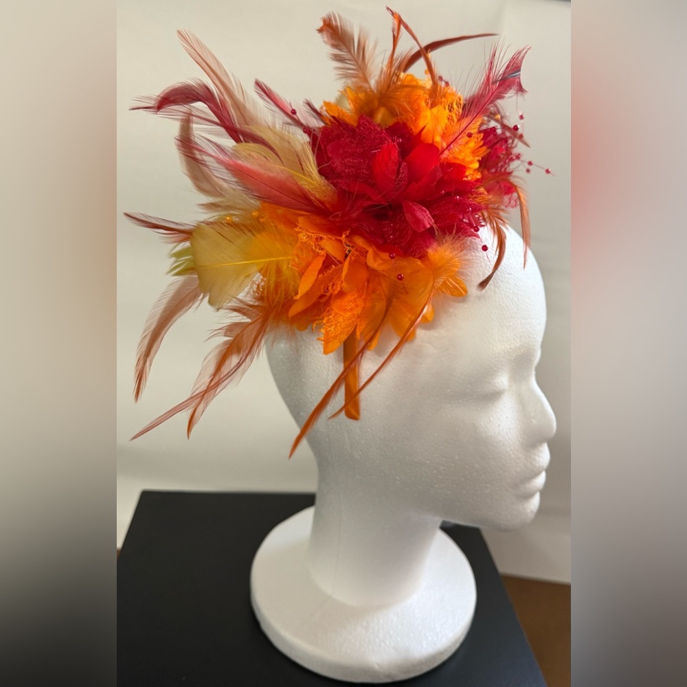 Vibrant Red Orange  Yellow Feather & Flower Custom Fascinator